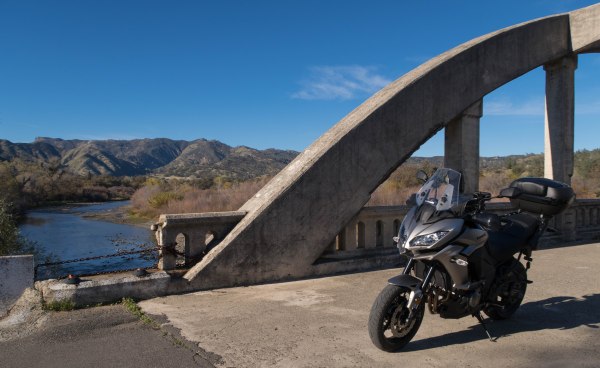 Kawasaki Versys 1000 LT, bridge over Cache Creek in Rumsey