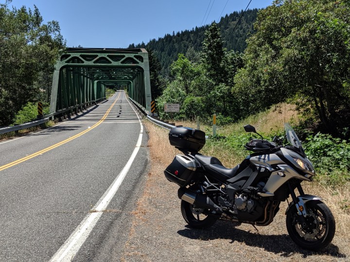 Kawasaki Versys 1000 LT at the bridge over the South Fork Eel River, Cooks Valley, California
