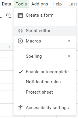 The Google Sheet menu to access the Script Editor. The Script Editor is where we can write simple Javascript functions callable from the spreadsheet.