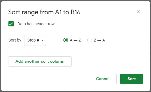 The Sort Dialog box to sort the list of addresses