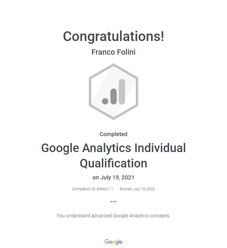 Google Analytics Individual Qualification, aka GAIQ - Franco Folini certificate
